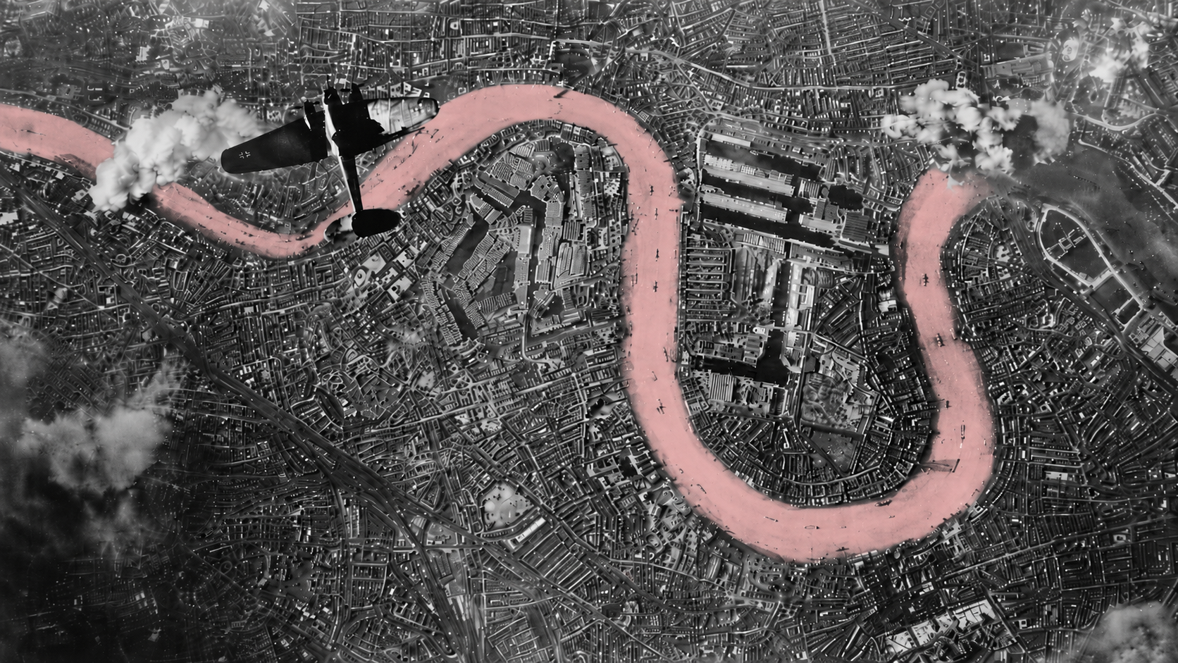 Wartime aerial over a cityscape London pink