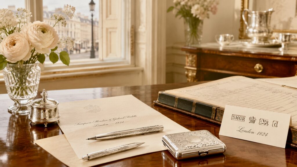 Elegant 1820s London study scene