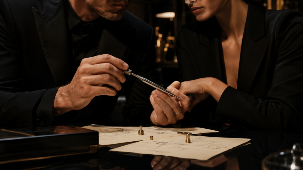 Editorial interpretation of an elegant couple examining a silver propelling pencil beside patent drawings