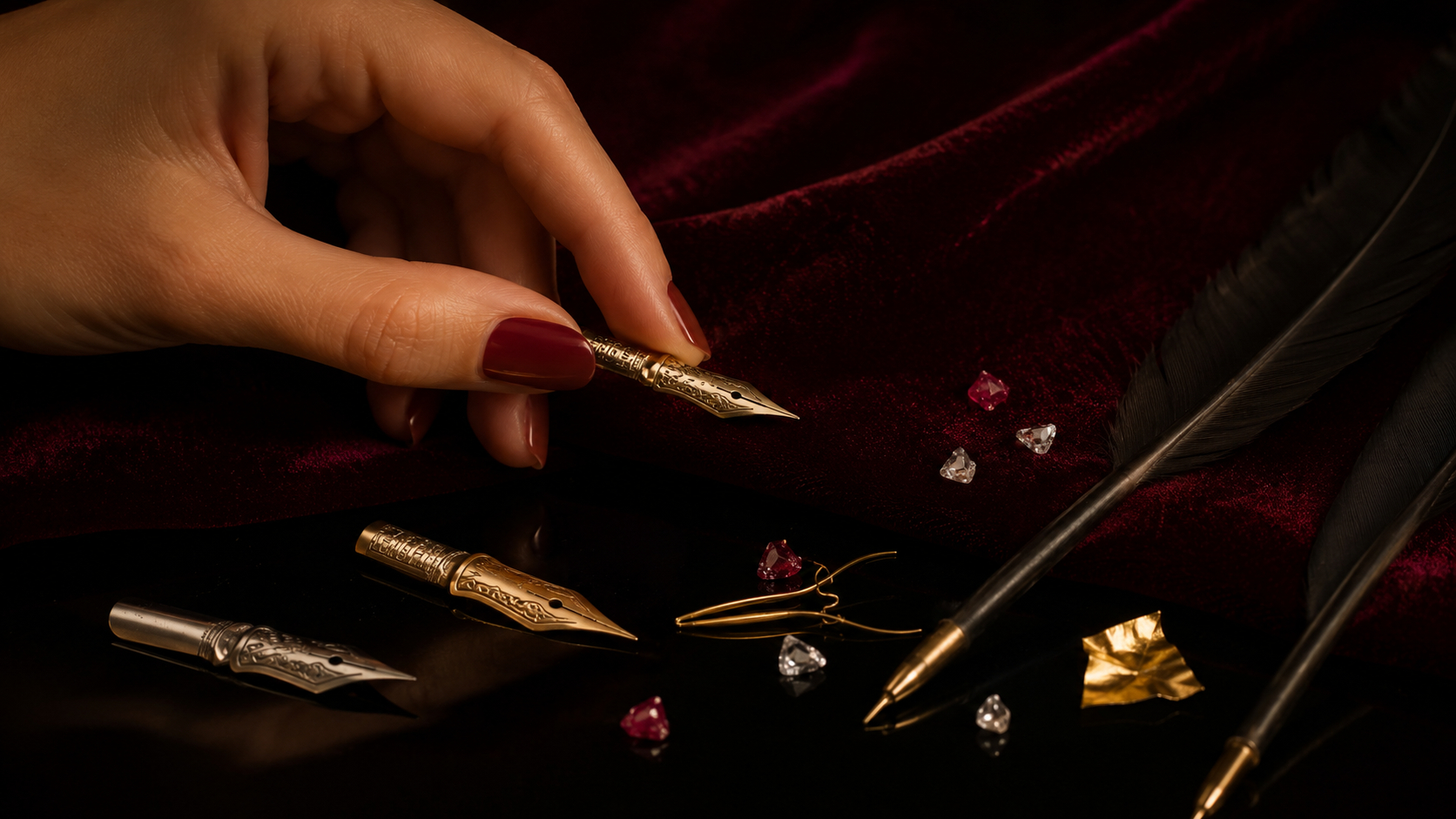 Editorial interpretation of gold and silver pen nib experiments with hard-stone fragments and black quills