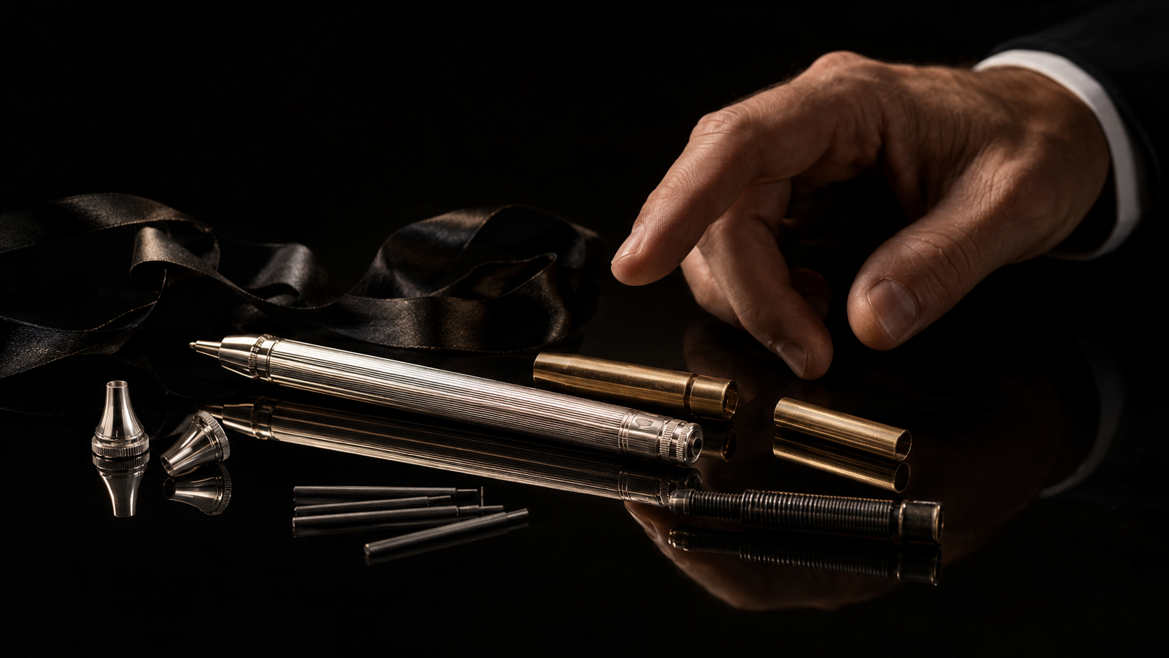 Editorial interpretation of an early propelling pencil mechanism with silver brass steel and graphite components