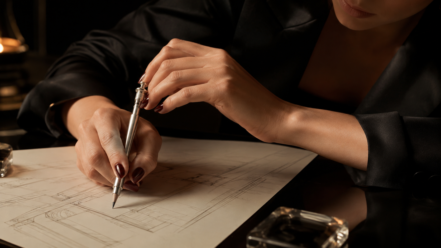 Editorial interpretation of a woman using a silver port crayon on an architectural drawing