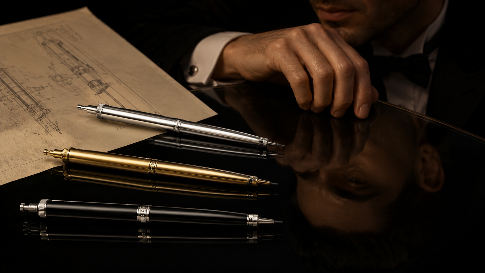 Editorial interpretation of silver gold and black lacquer writing instruments inspired by Patent No 4742